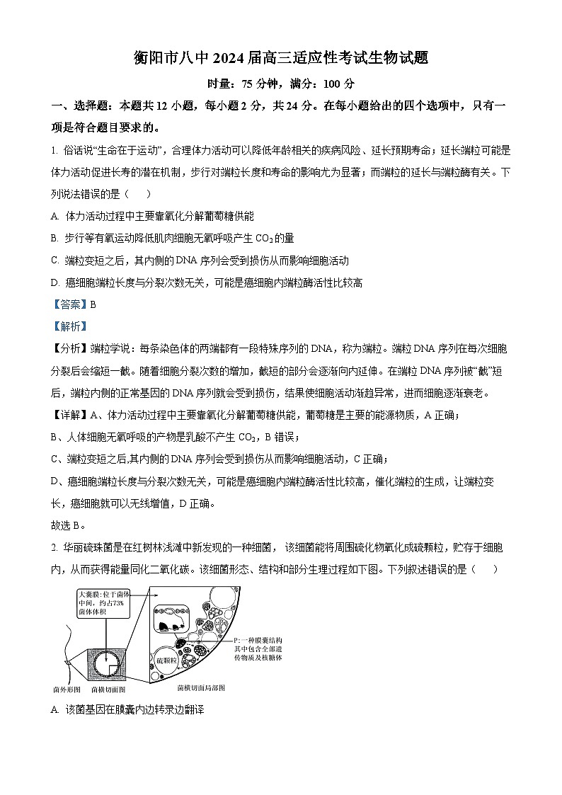 2024届湖南省衡阳市雁峰区第八中学高考模拟预测生物试题（教师版）第1页