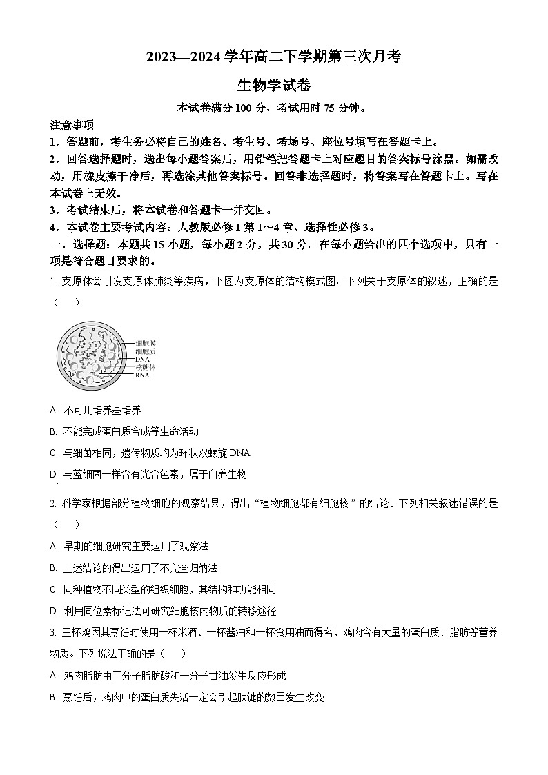 河南省创新发展联盟2023-2024学年高二下学期5月月考生物试题（学生版+教师版）01