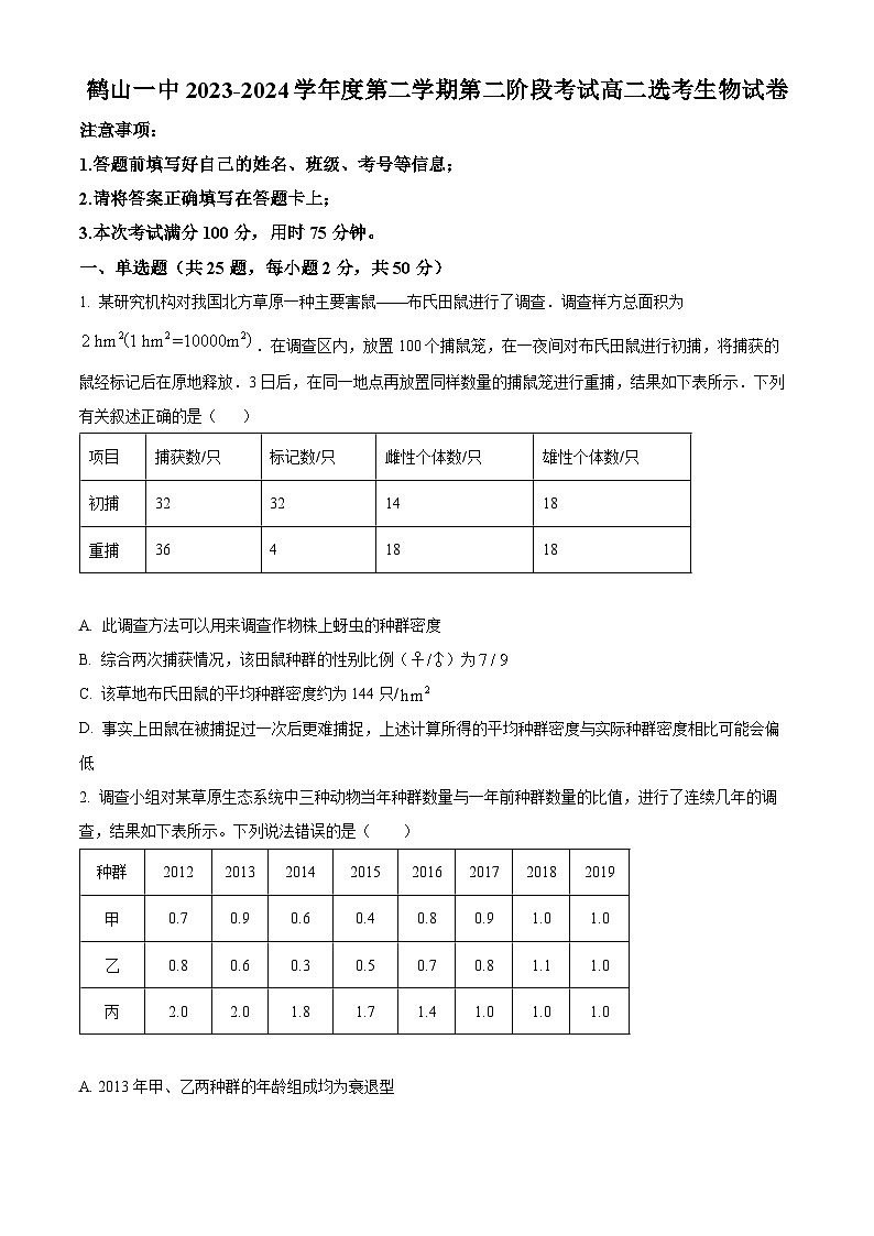 广东省江门市鹤山市第一中学2023-2024学年高二下学期5月月考生物试题（学生版）第1页