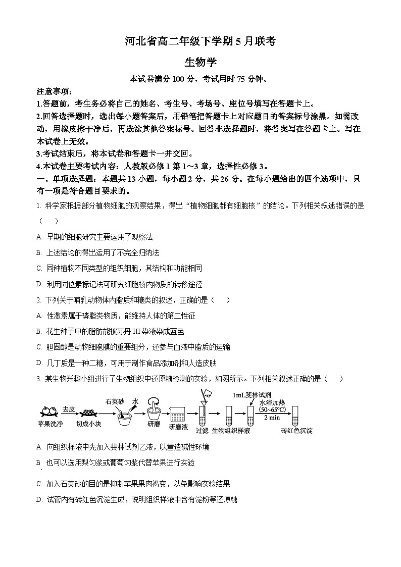 河北省保定市定州市定州市第二中学2023-2024学年高二下学期5月月考生物试题（学生版+教师版）01