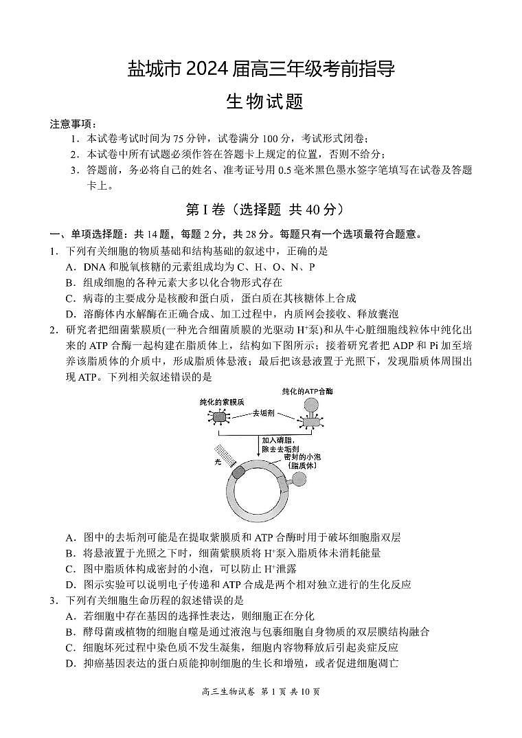 2024届江苏省盐城市高三下学期5月考前指导生物试题第1页