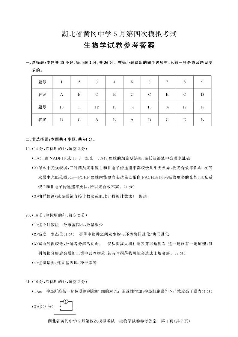 黄冈高三模拟-生物答案第1页