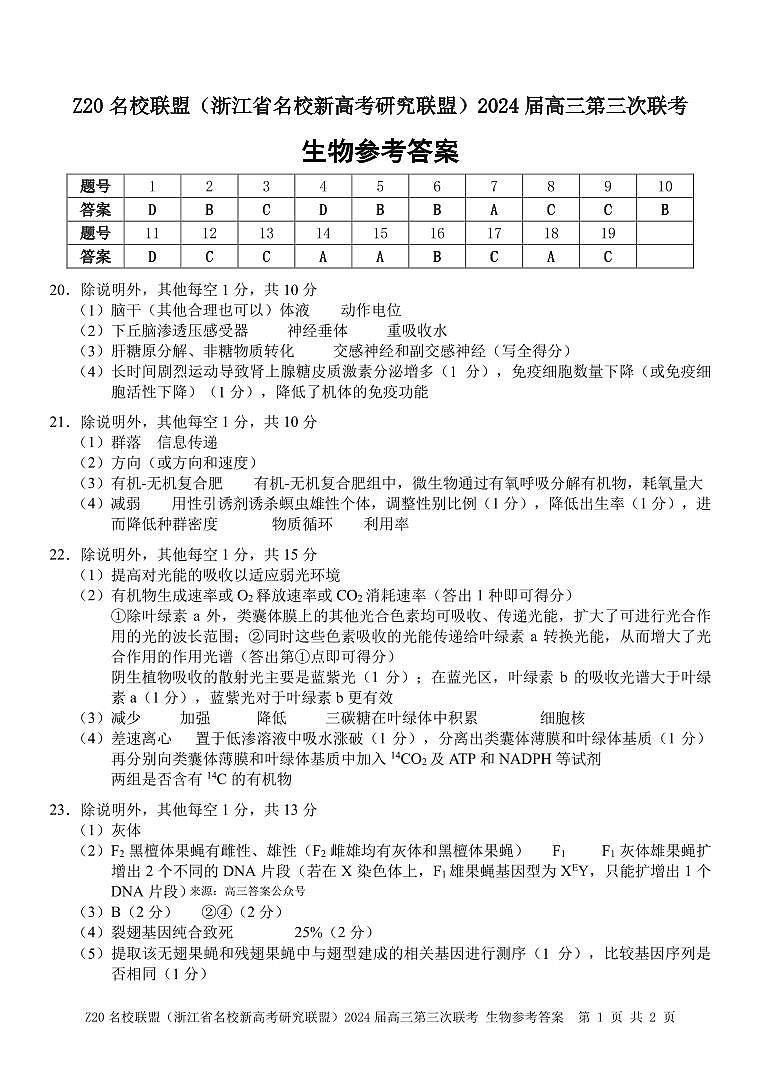 2024届Z20名校联盟浙江省杭州市名校新高考研究联盟三模生物试题01