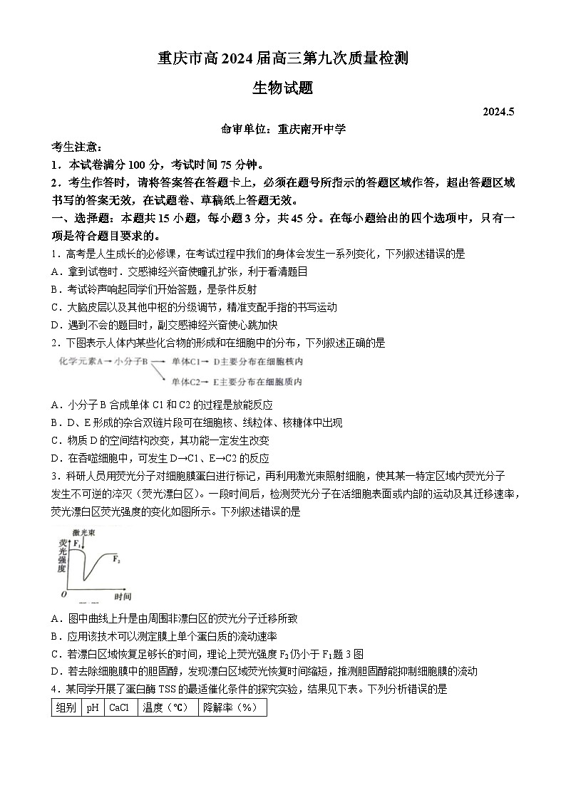 2024届重庆市南开中学校高三模拟预测生物试题01