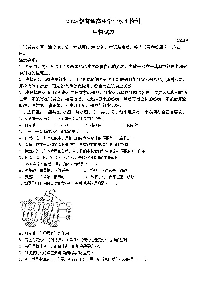 2024年山东省枣庄市普通高中学业水平模拟检测生物试题(无答案)01