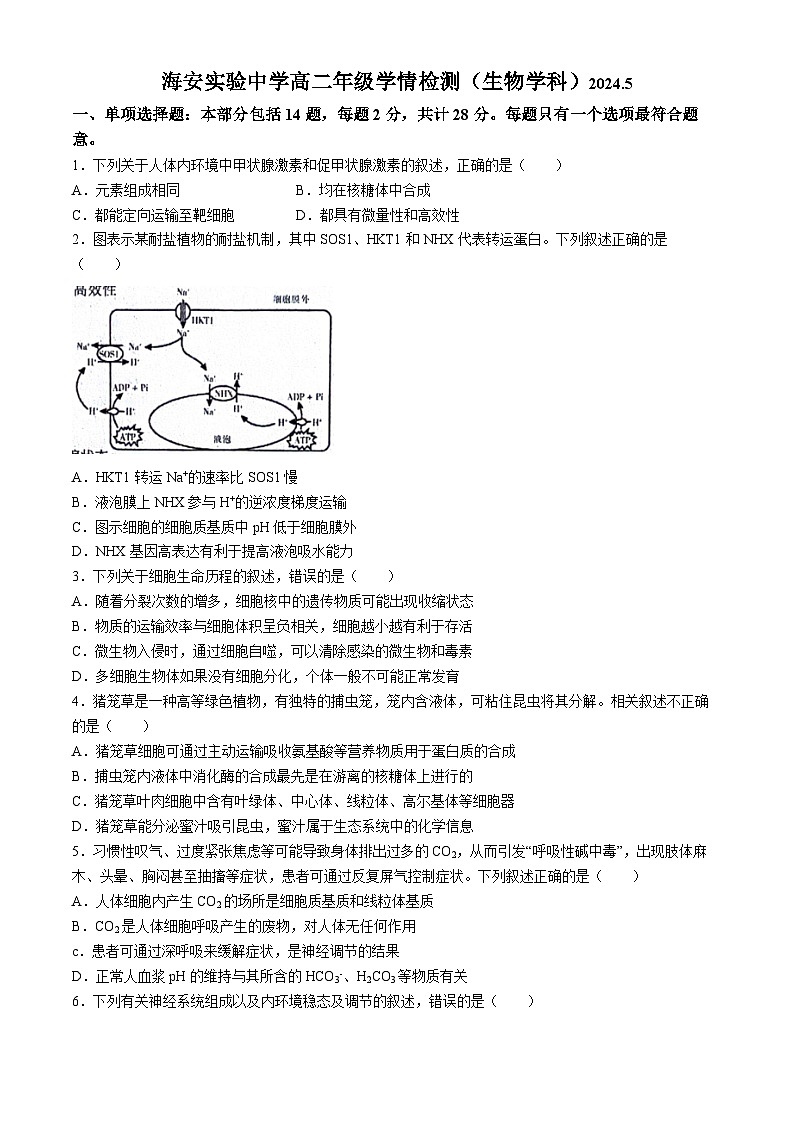 江苏省海安市实验中学等四校联考2023-2024学年高二下学期5月月考生物试题(无答案)01