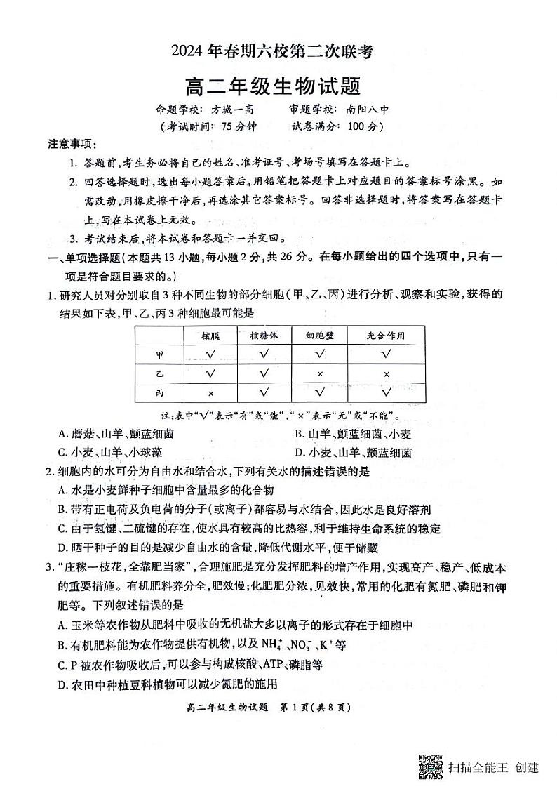河南省南阳市六校2023-2024学年高二下学期6月月考生物试题（PDF版附解析）第1页