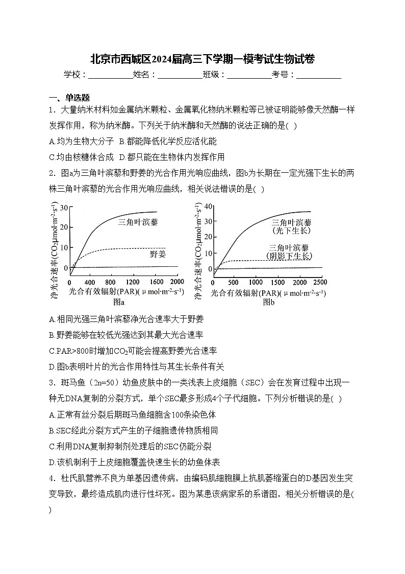 北京市西城区2024届高三下学期一模考试生物试卷(含答案)第1页