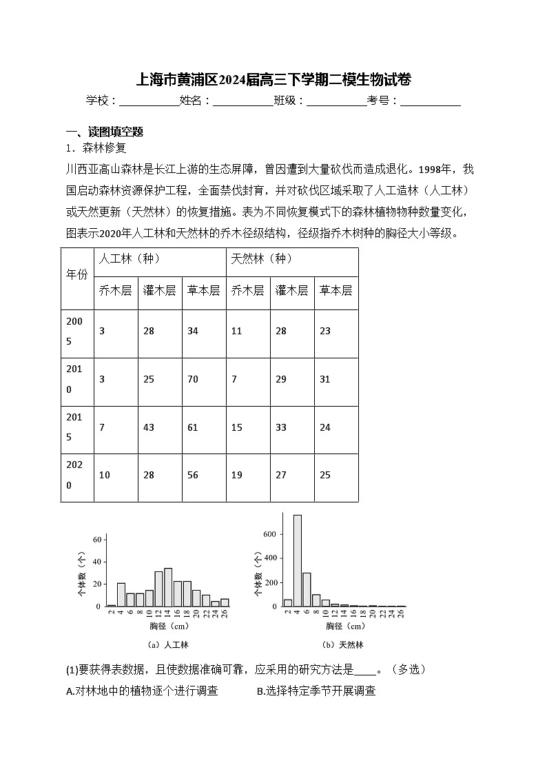 上海市黄浦区2024届高三下学期二模生物试卷(含答案)01
