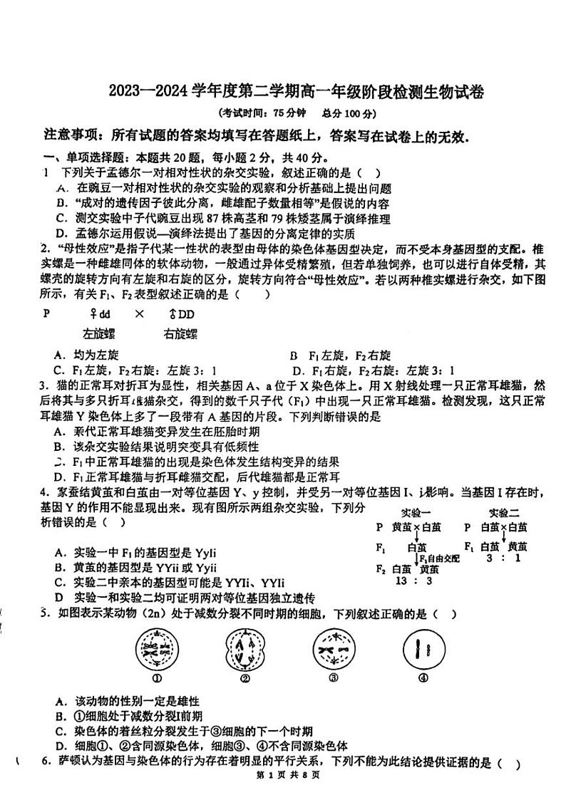 江苏省镇江市京口区实验高级中学2023-2024学年高一下学期生物月考试题01