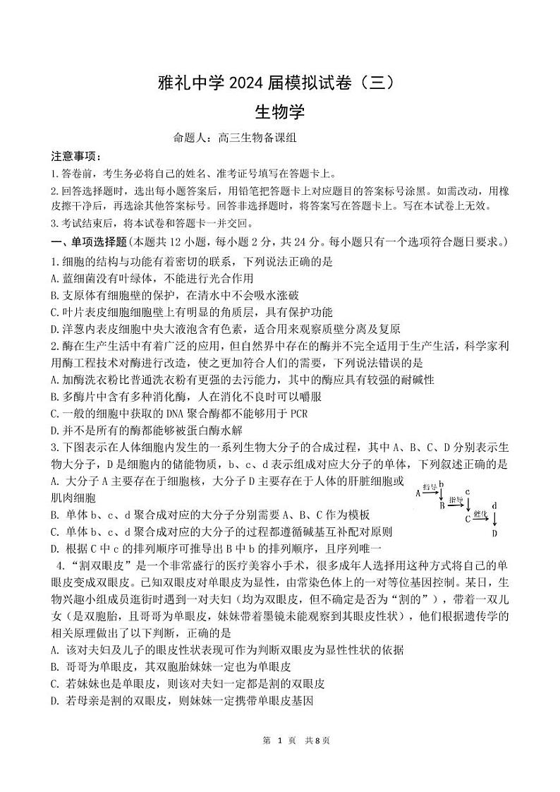湖南省雅礼中学2024届高三下学期6月保温测试 生物试卷+答案01