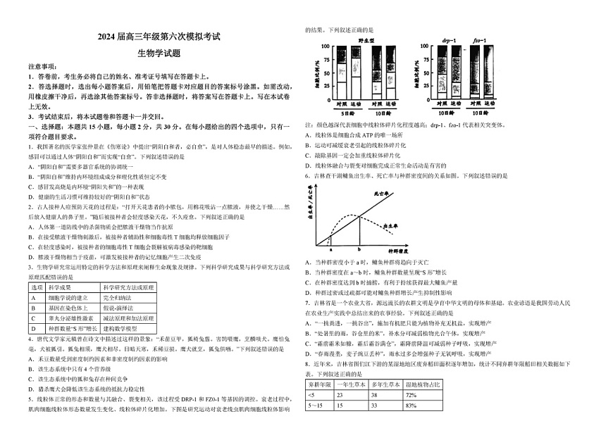 2024吉林东北师大附中高三下学期六模生物试题及答案第1页