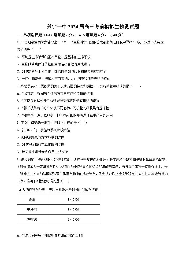 2024届广东省梅州市兴宁市第一中学高三模拟预测生物试题（原卷版+解析版）第1页