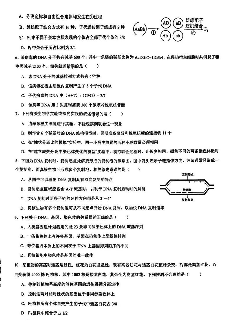 江苏省镇江市实验高级中学2023—2024学年高一下生物期中考试生物试题02