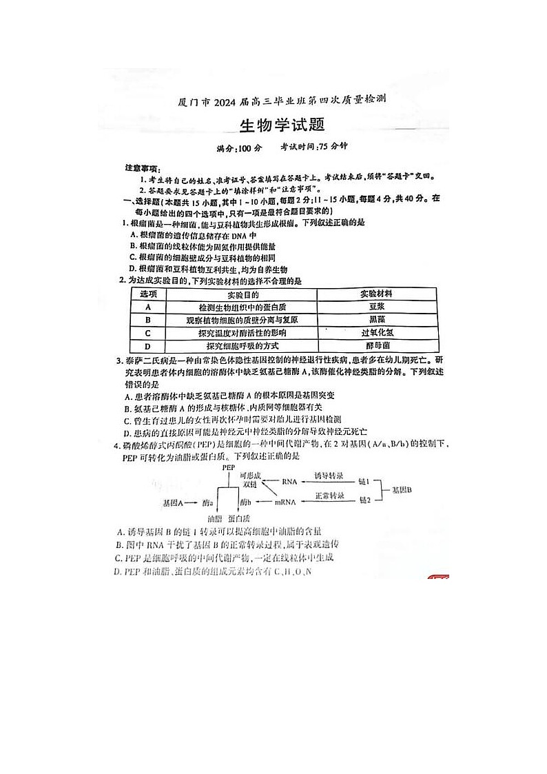 2024届福建省厦门市高三5月质检生物试题第1页