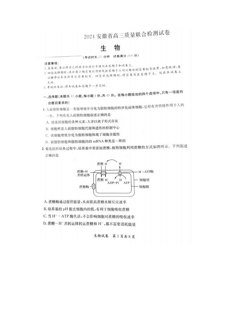 2024届安徽省京师测评高三质量联合检测生物试题第1页
