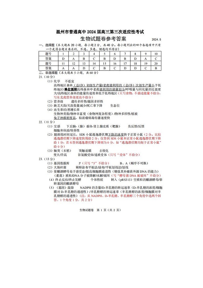 2024届浙江省温州三模高三联考生物试题01