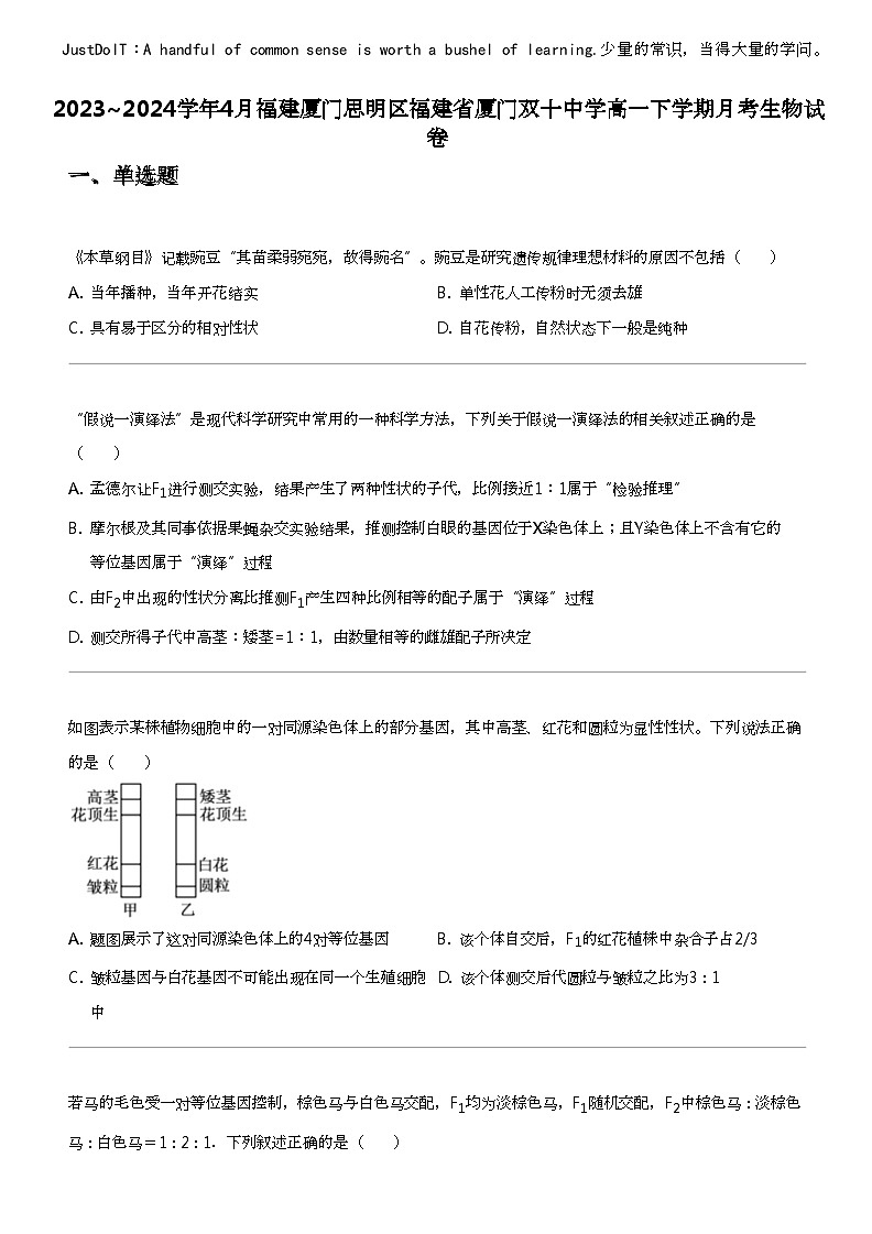 2023_2024学年4月福建厦门思明区福建省厦门双十中学高一下学期月考生物试卷第1页