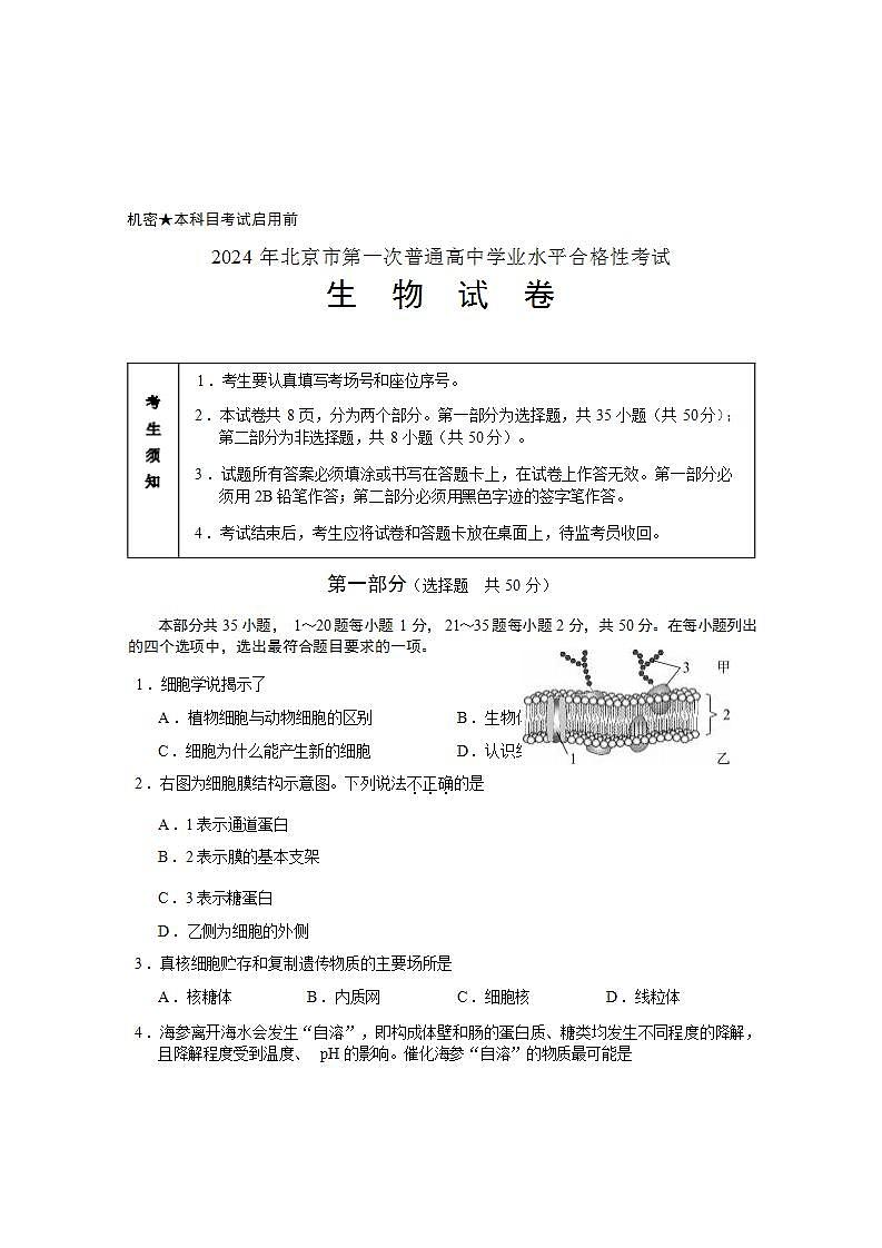 2024年1月-北京高中生物合格考试卷01