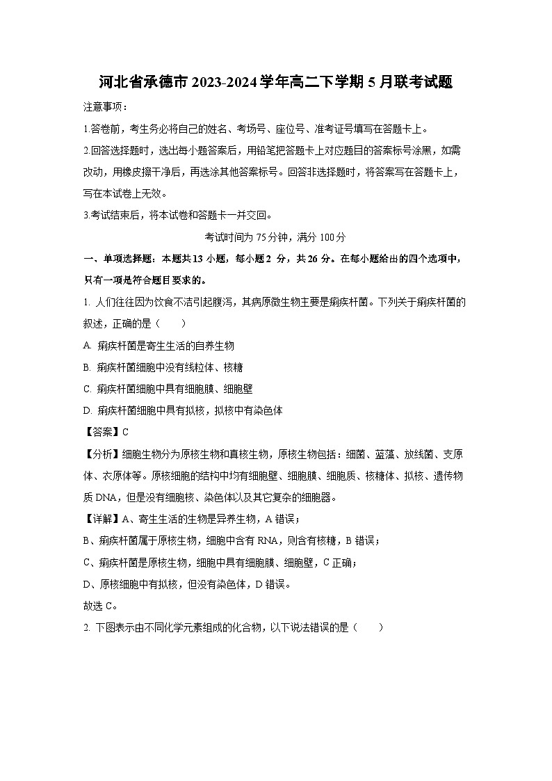 生物：河北省承德市2023-2024学年高二下学期5月联考试题（解析版）01