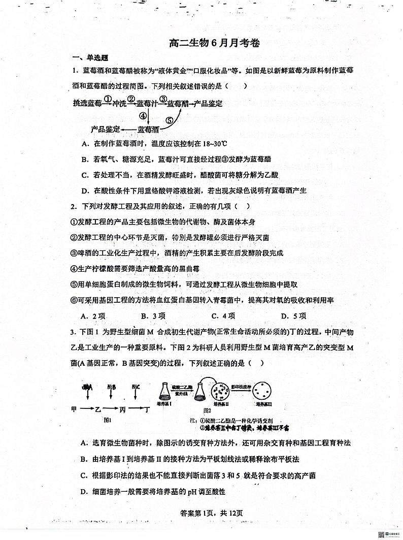 河北省泊头市第一中学2023-2024学年高二下学期6月月考生物试题第1页