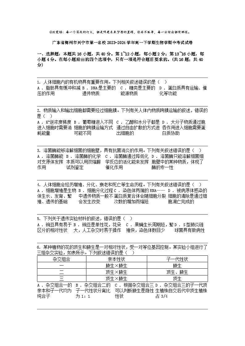 广东省梅州市兴宁市第一名校2023-2024学年高一下学期生物学期中考试试卷01