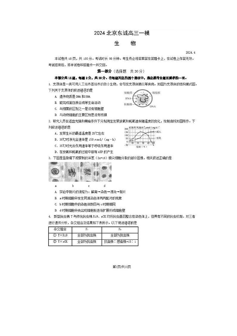 2024届北京东城高三一模生物试题第1页