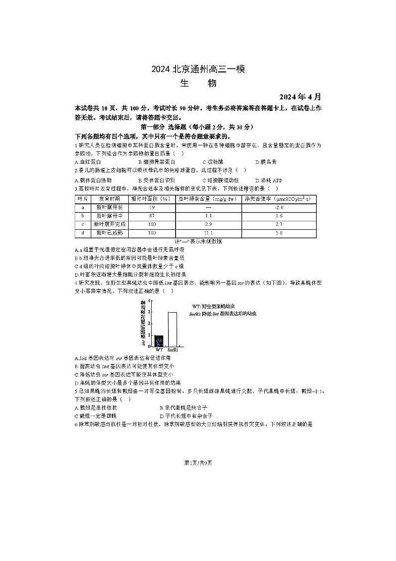2024届北京通州高三一模生物试题第1页