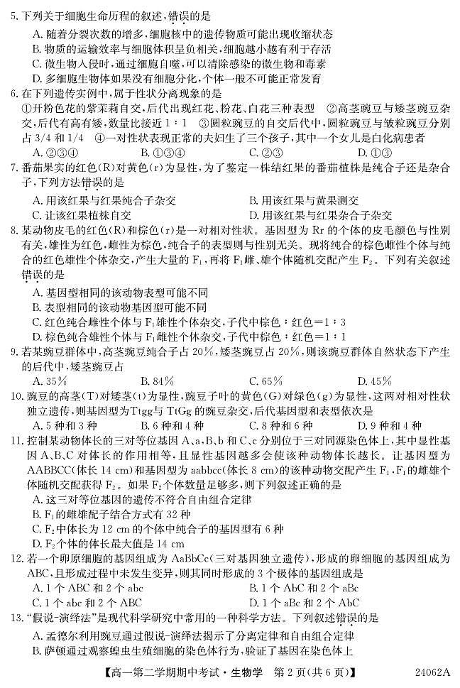 广东省深圳市光明区光明中学2023-2024学年高一下学期期中考试生物试题02