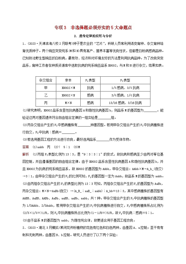 新教材2024届高考生物考前冲刺刷题第3部分专项提升练专项3非选择题必须夯实的5大命题点-2.遗传定律的应用与分析第1页