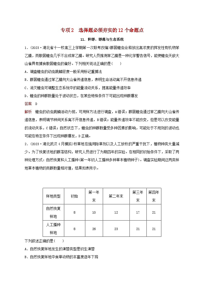 新教材2024届高考生物考前冲刺刷题第3部分专项提升练专项2选择题必须夯实的12个命题点-11.种群群落和生态系统01