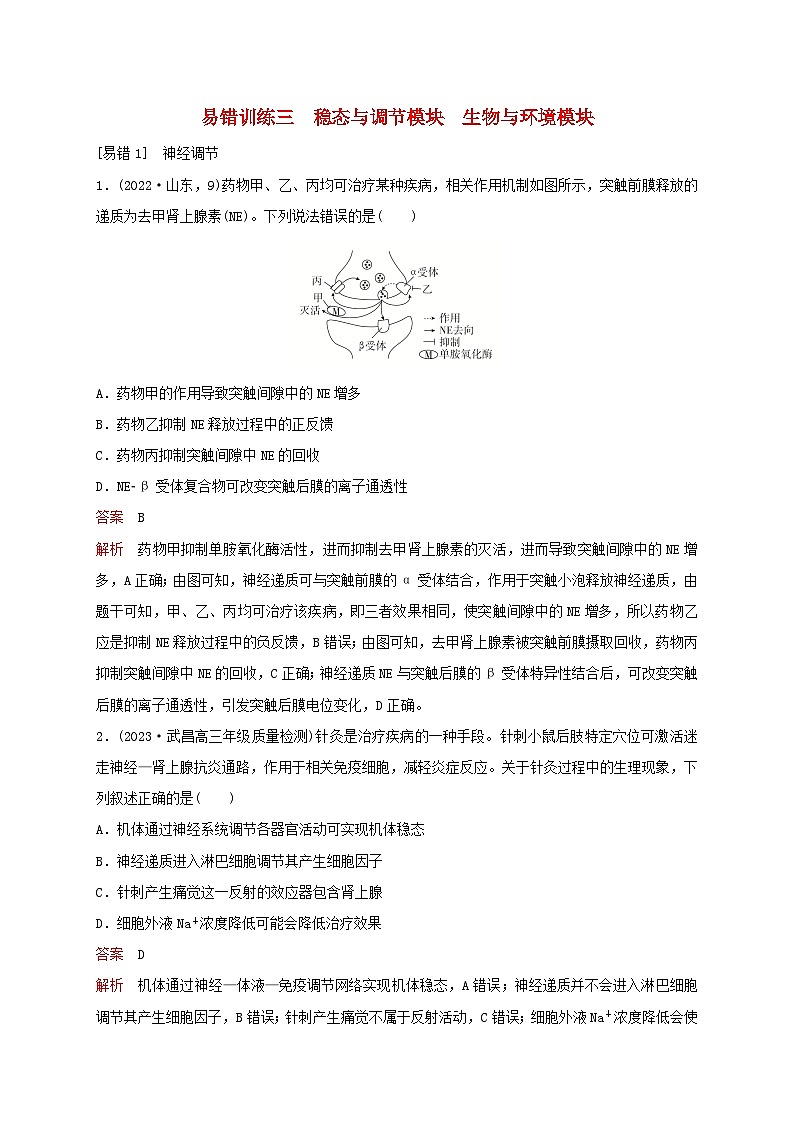 新教材2024届高考生物考前冲刺刷题第2部分易错训练易错训练3稳态与调节模块生物与环境模块01