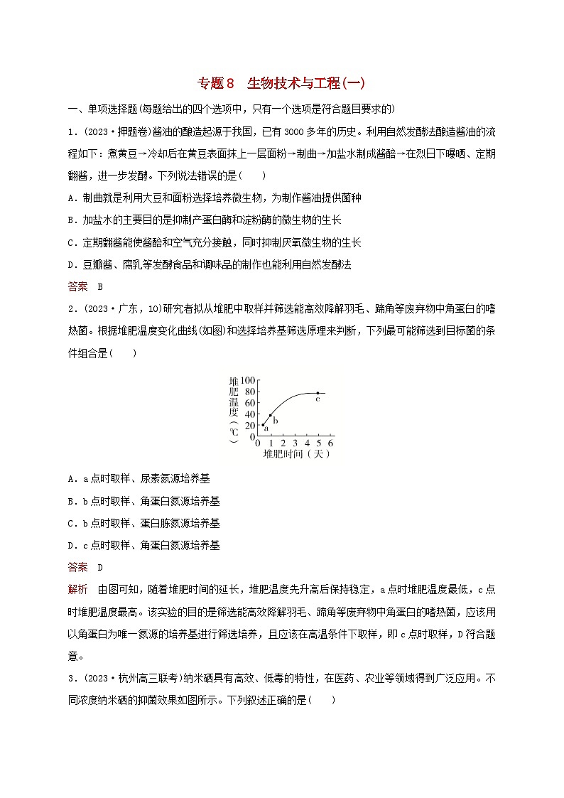 新教材2024届高考生物考前冲刺刷题第1部分专题训练专题8生物技术与工程一01