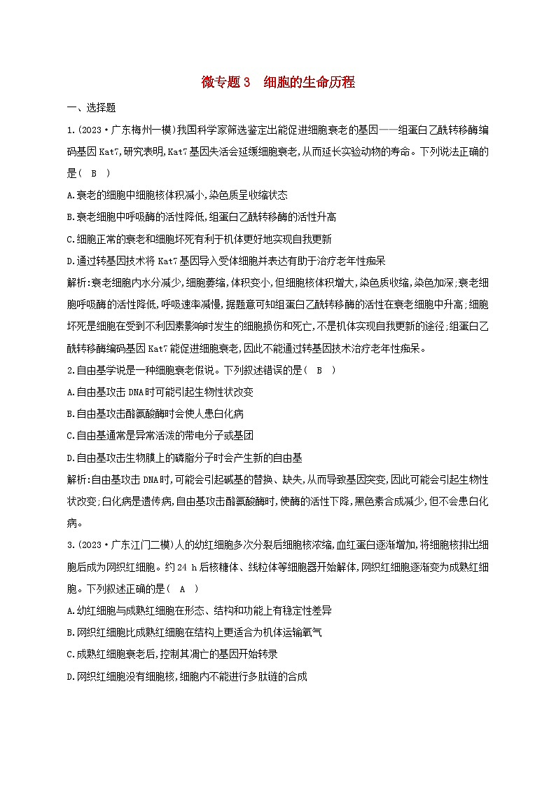 2024届高考生物考前冲刺第1篇专题素能提升专题1细胞微专题突破练3细胞的生命历程第1页