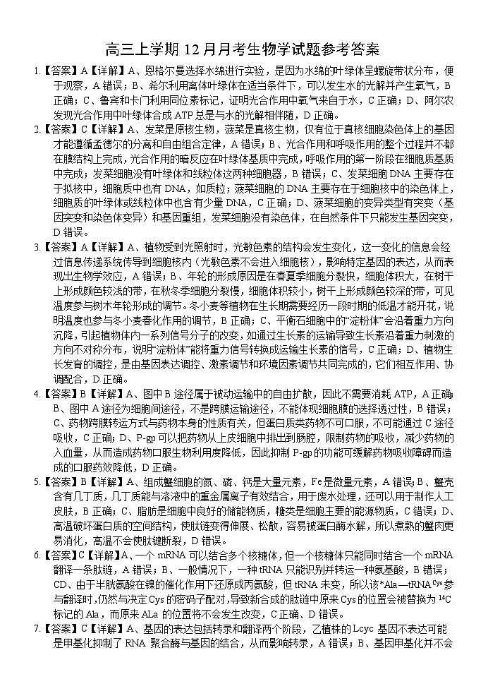 广西南宁市第三中学2023-2024学年高三上学期12月月考生物试题01
