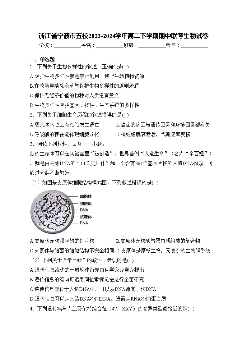 浙江省宁波市五校2023-2024学年高二下学期期中联考生物试卷(含答案)01
