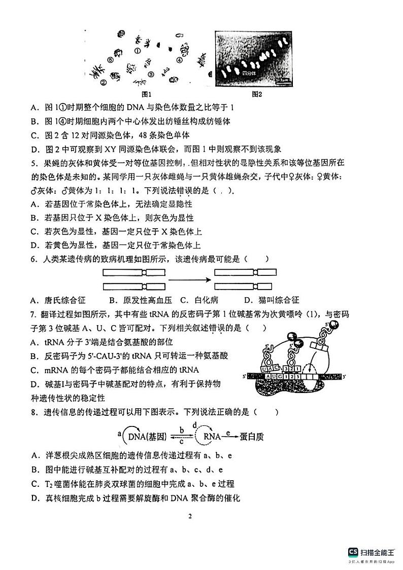 江苏省镇江中学2023-2024学年高一下学期6月检测生物试题02