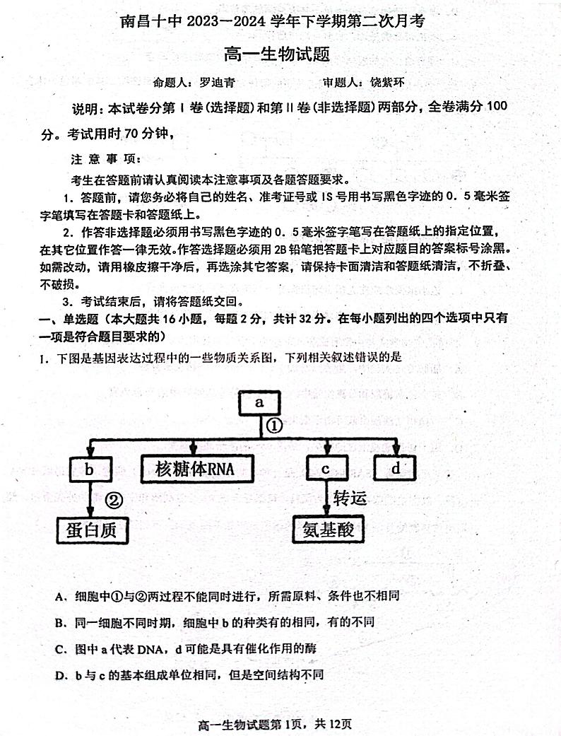 江西省南昌市十中2023-2024学年高一下学期第二次月考生物试题01