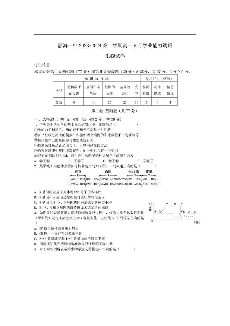[生物]天津市静海区第一中学2023～2024学年高一下学期6月学业能力调研生物试卷（有答案）第1页