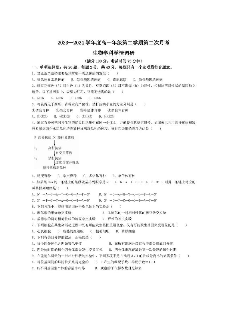 [生物]江苏省宿迁市泗阳县两校联考2023～2024学年高一下学期5月月考生物试题（有答案）第1页