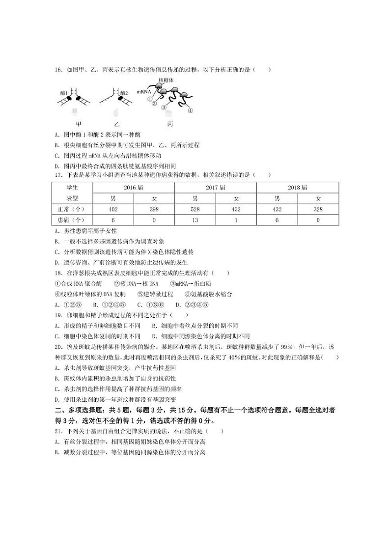 [生物]江苏省宿迁市泗阳县两校联考2023～2024学年高一下学期5月月考生物试题（有答案）第3页