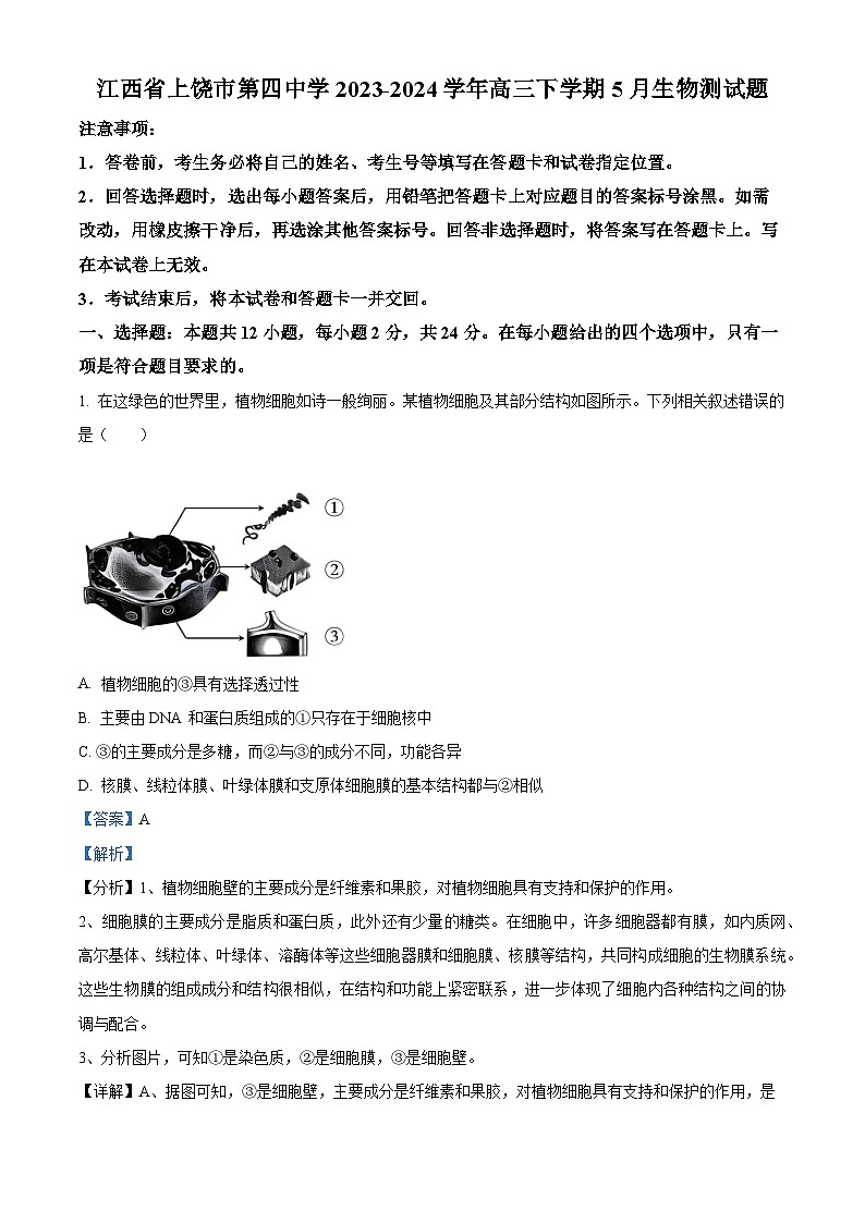 江西省上饶市第四中学2023-2024学年高三下学期5月月考生物试题（解析版）第1页