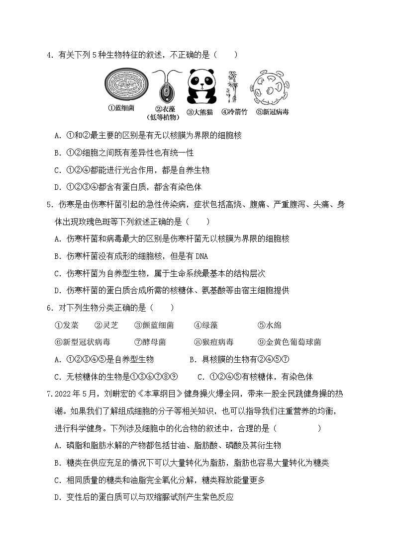 福建省莆田市第十中学2023-2024学年高一上学期10月月考生物试题02