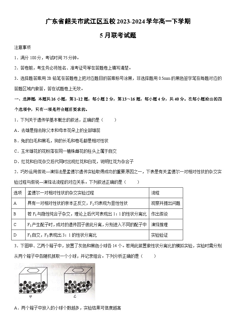 [生物]广东省韶关市武江区五校2023-2024学年高一下学期5月联考试题（解析版）第1页
