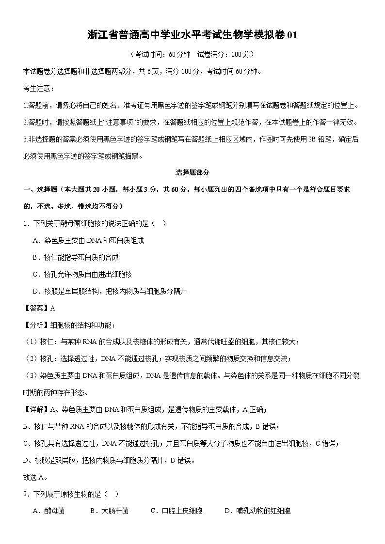 [生物]浙江省普通高中学业水平考试生物学模拟卷01 （解析版）01