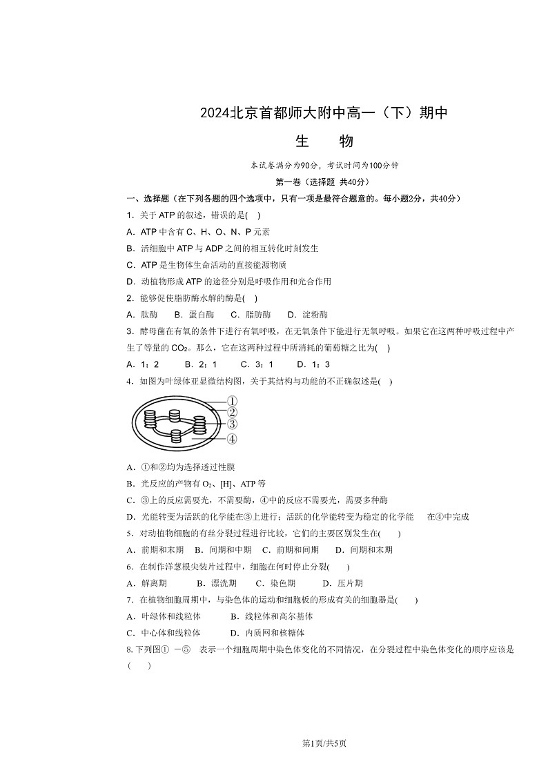 [生物]2024北京首都师大附中高一下学期期中生物试卷及答案01