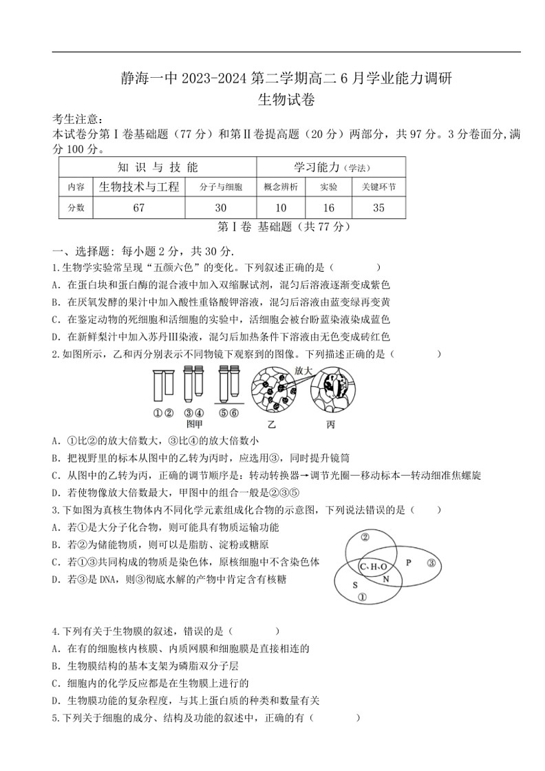 [生物]天津市静海区第一中学2023～2024学年高二下学期6月学业能力调研生物试卷（含答案）01