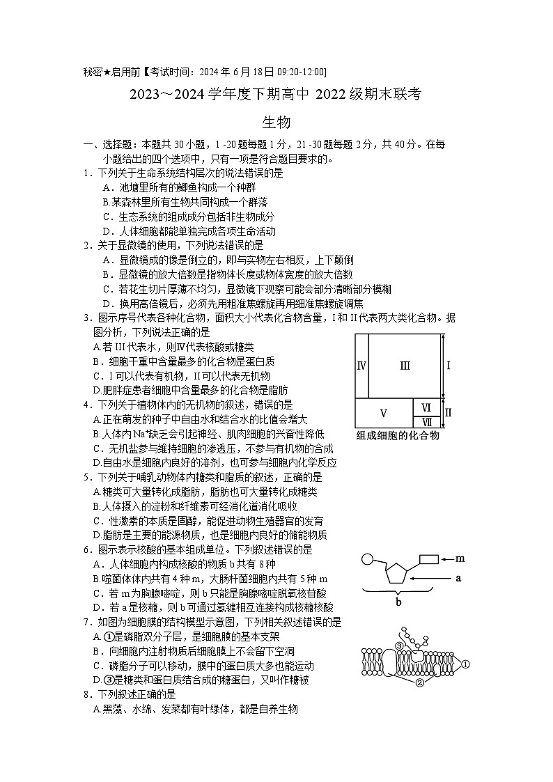 四川省成都市蓉城名校2023-2024学年高二下学期期末联考生物试题01