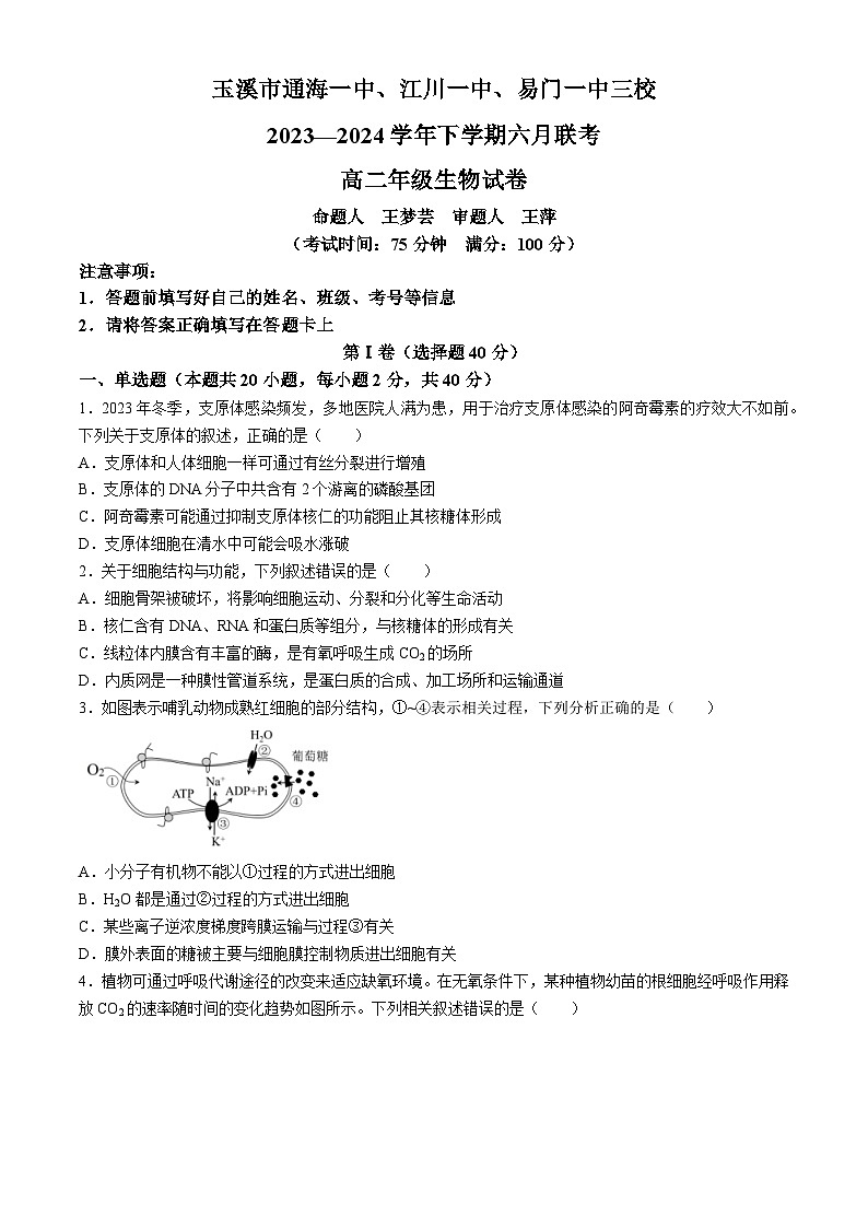 2024玉溪通海一中、江川一中、易门一中三校高二下学期6月联考试题生物含答案第1页