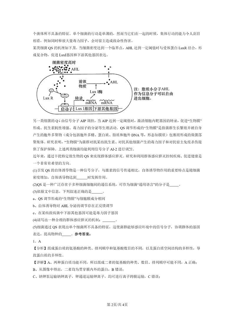 [生物]2020～2024北京高三二模生物试题分类汇编：细胞膜的结构和功能02